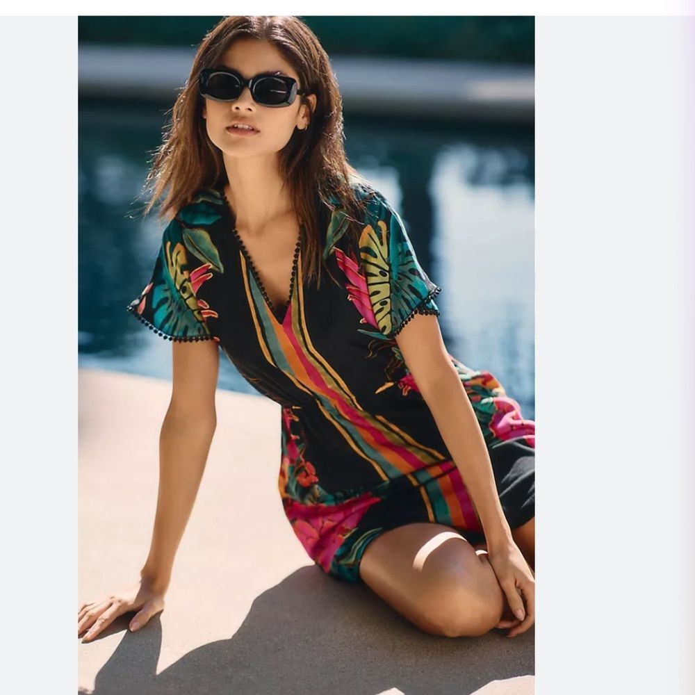 Anthropologie Tropical Black Multicolor V-Neck Swim Coverup